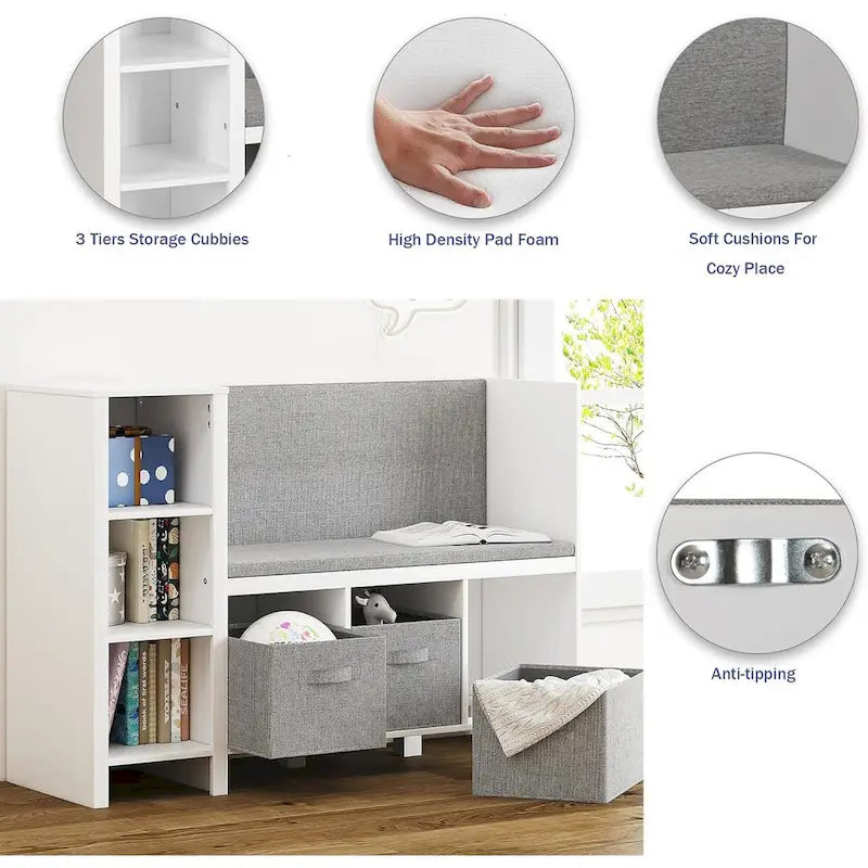 Kinderbücherregal mit Leseecke, Bücherregalbank und Aufbewahrungsorganizer mit Sitzfläche und Rückenlehne