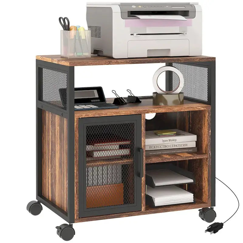 Support d'imprimante mobile en bois brun rustique