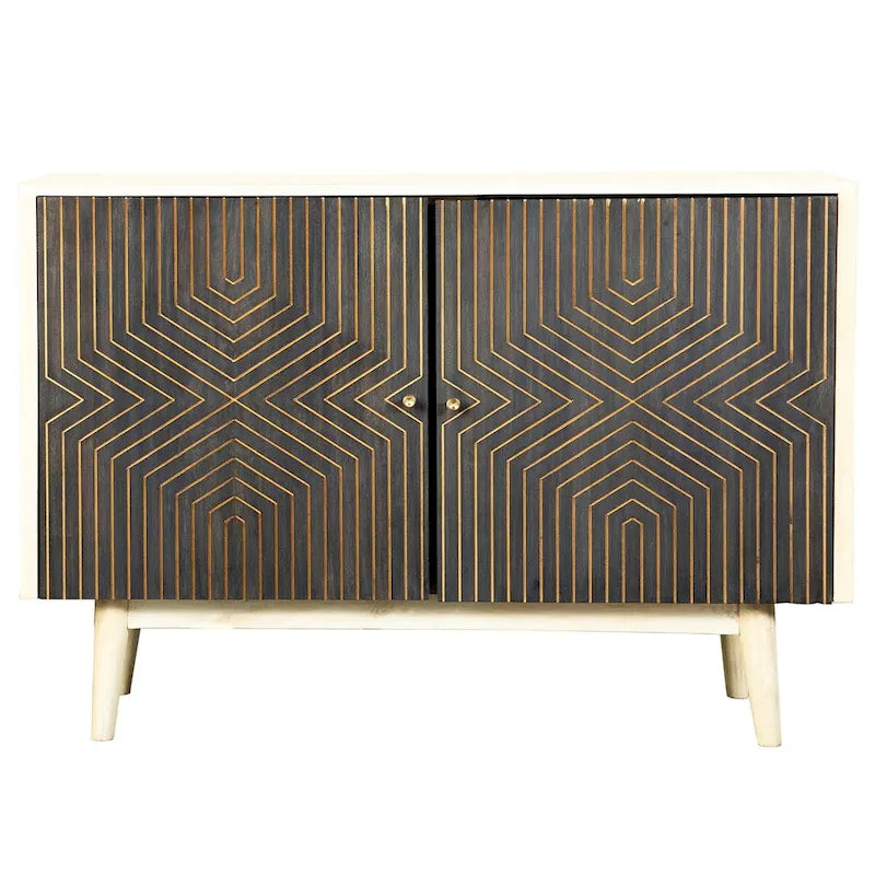 2 Doors Accent Cabinet with 4 Shelves in White Washed and Black