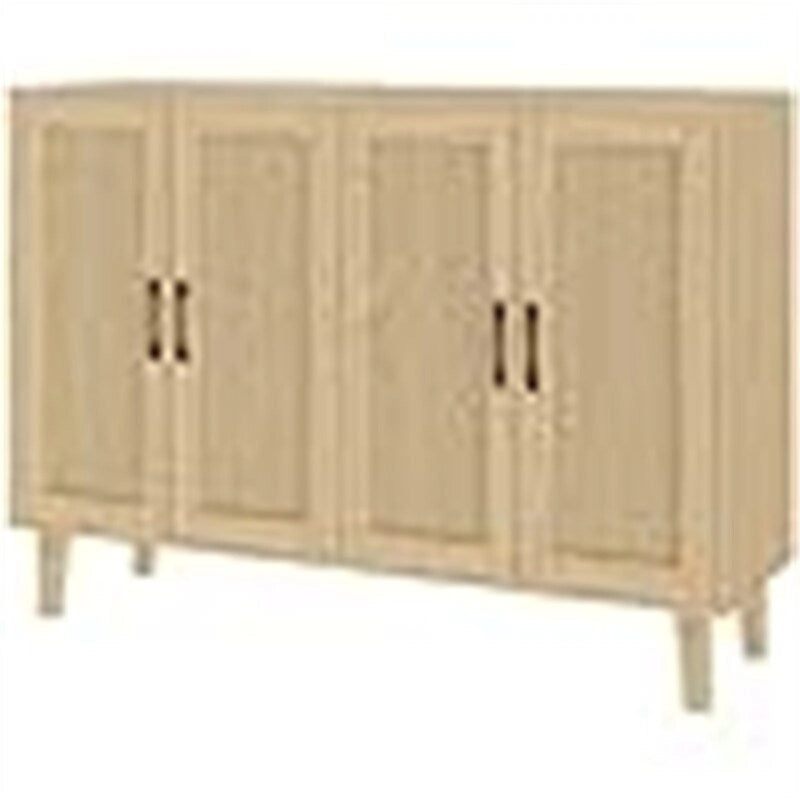 Buffet en finition bois naturel à deux portes, portes décorées de rotin et étagères réglables