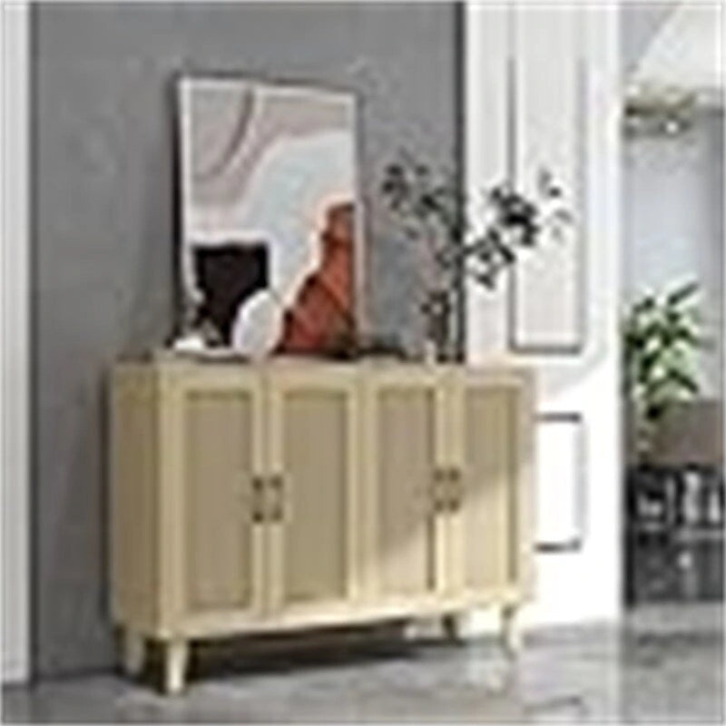 Buffet en finition bois naturel à deux portes, portes décorées de rotin et étagères réglables