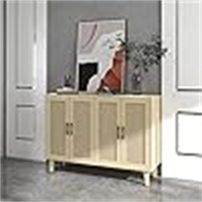 Buffet en finition bois naturel à deux portes, portes décorées de rotin et étagères réglables