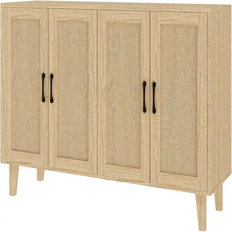 Natural Wood Finish Two-Door Sideboard, Rattan-Decorated Doors and Adjustable Shelves