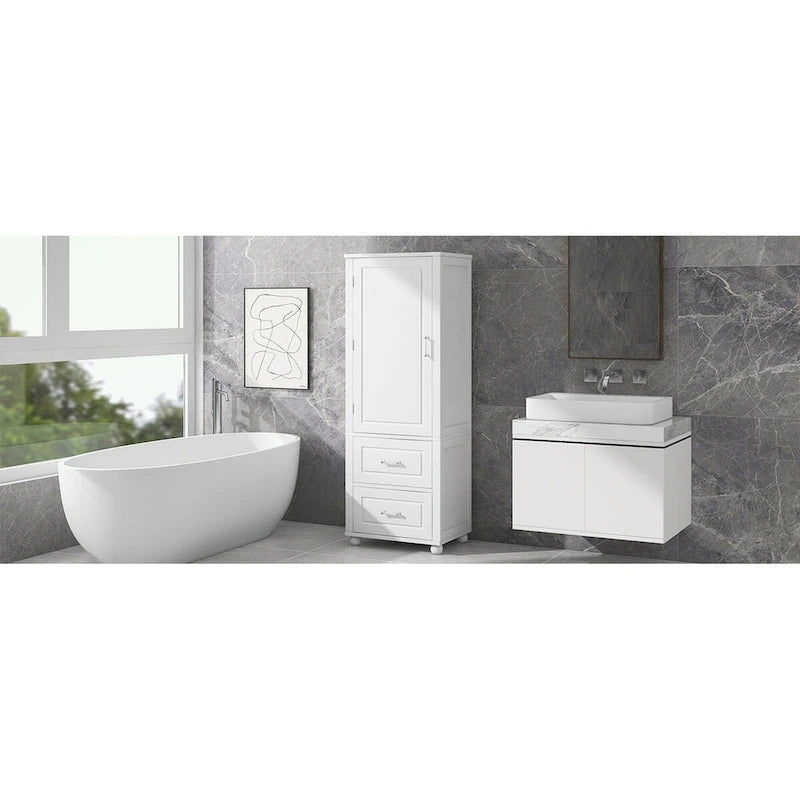 Tall Bathroom Storage Cabinet with Two Drawers and Adjustable Shelf