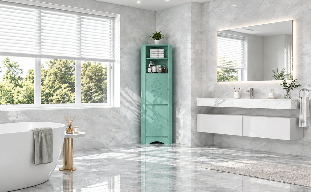 Tall Bathroom Corner Cabinet, Freestanding Storage Cabinet with Doors and Adjustable Shelves, MDF Board, Green