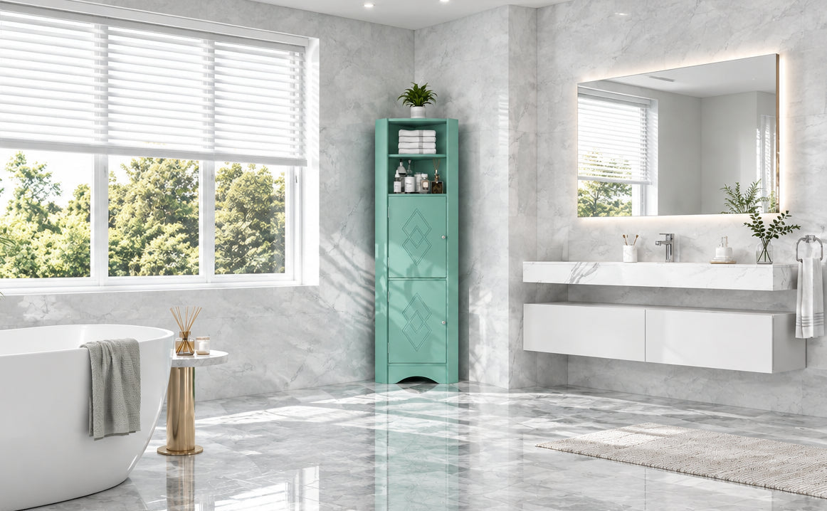 Tall Bathroom Corner Cabinet, Freestanding Storage Cabinet with Doors and Adjustable Shelves, MDF Board, Green
