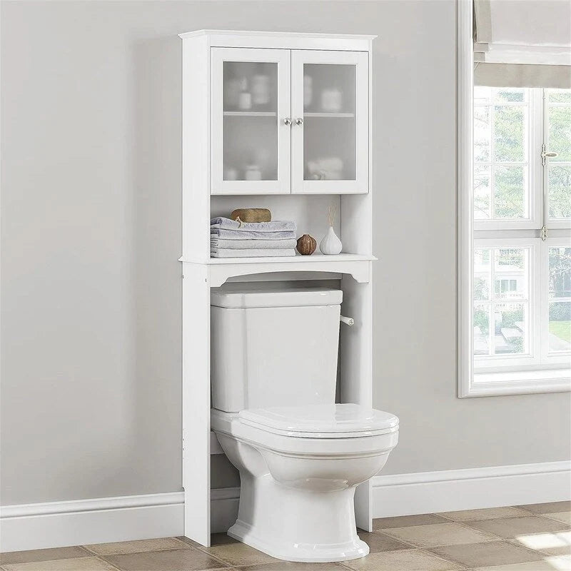 White Over-the-Toilet Storage Cabinet, Glass Doors and Adjustable Shelf