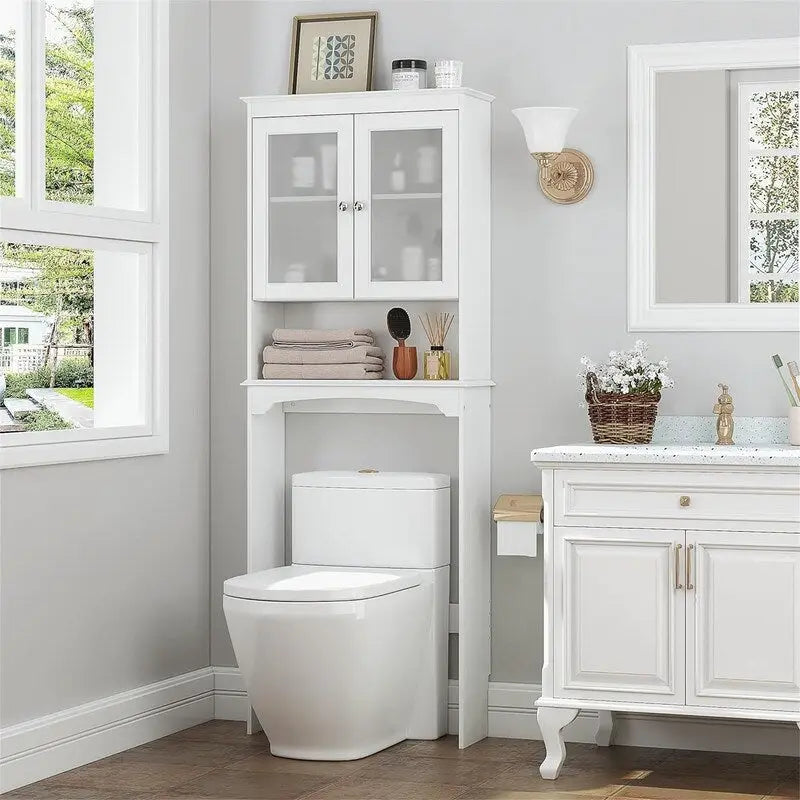 White Over-the-Toilet Storage Cabinet, Glass Doors and Adjustable Shelf