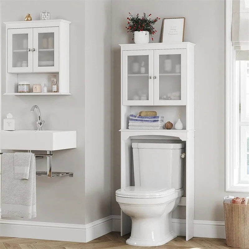 White Over-the-Toilet Storage Cabinet, Glass Doors and Adjustable Shelf
