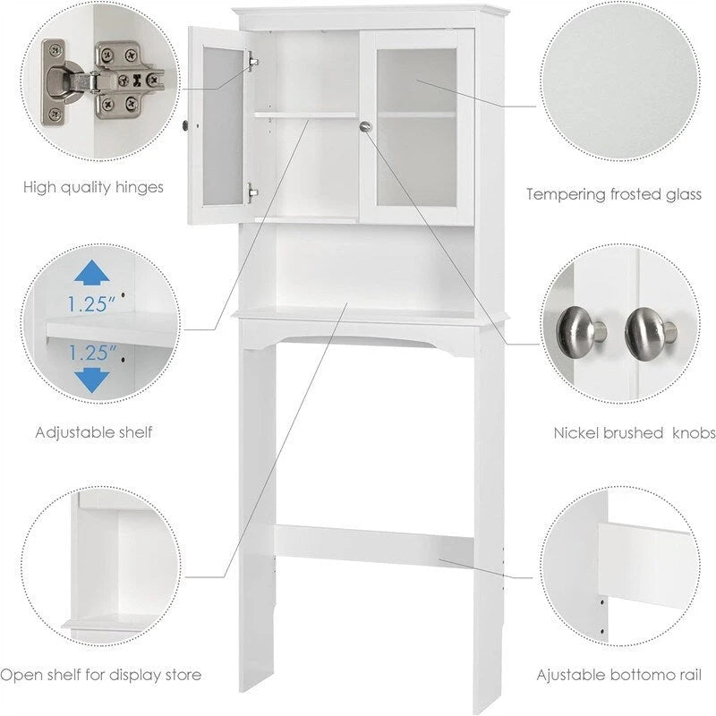 White Over-the-Toilet Storage Cabinet, Glass Doors and Adjustable Shelf