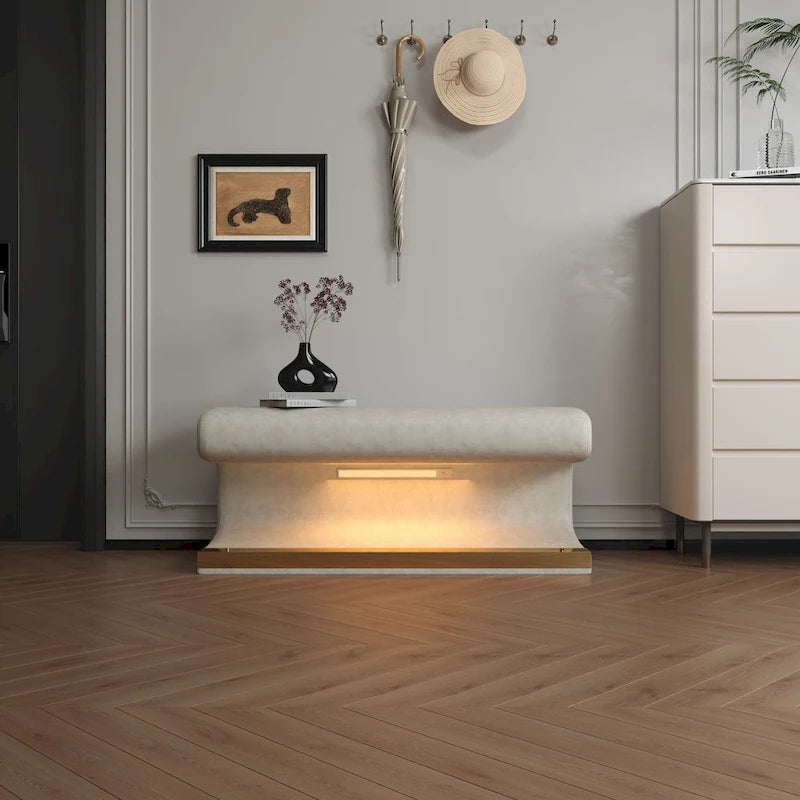 Panca da ingresso in pelle con pouf